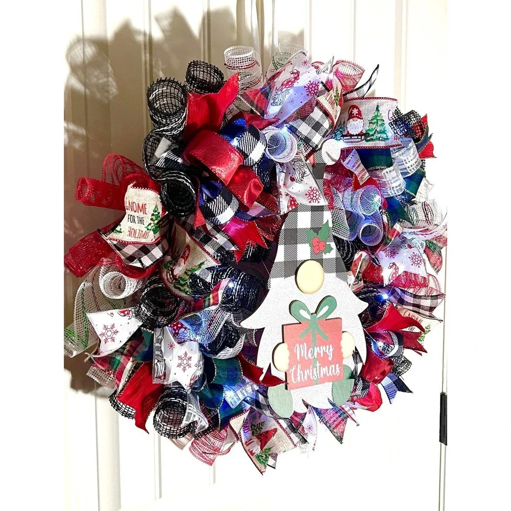 Handmade Merry Christmas Gnome Holiday Ribbon Door Wreath 22 ins W48